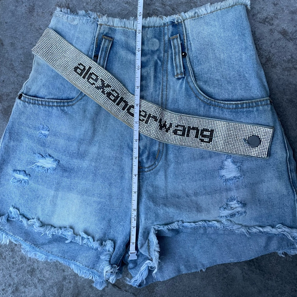 Alexander Wang rhinestone belt Blue Distressed Denim Shorts - Picture 8 of 9